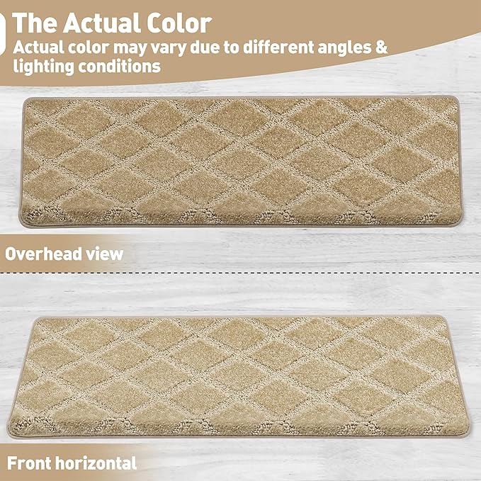 PURE ERA Bullnose Carpet Stair Treads Set Tape Free Non-Slip Indoor Stair Protectors Pet Friendly Rugs 9.5" x 30"(14 Pieces,Khaki Diamond Trellis)