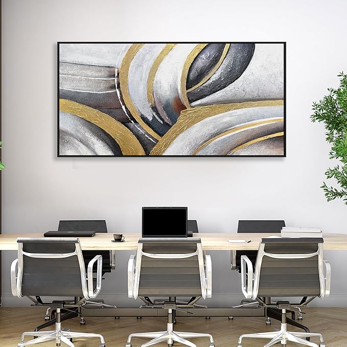 Framed Abstract Wall Art Black White and Gold Abstract Painting Canvas Wall Artwork Modern Home Wall Decor for Living Room Bedroom Office 24"x48"