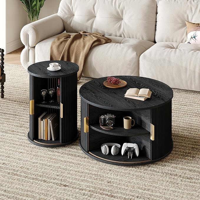 Merax Round Coffee Table Set, Mid Century Coffee Table with Sliding Tambour Door, Fluted Accent Center Table with Storage for Living Room, Office,Black