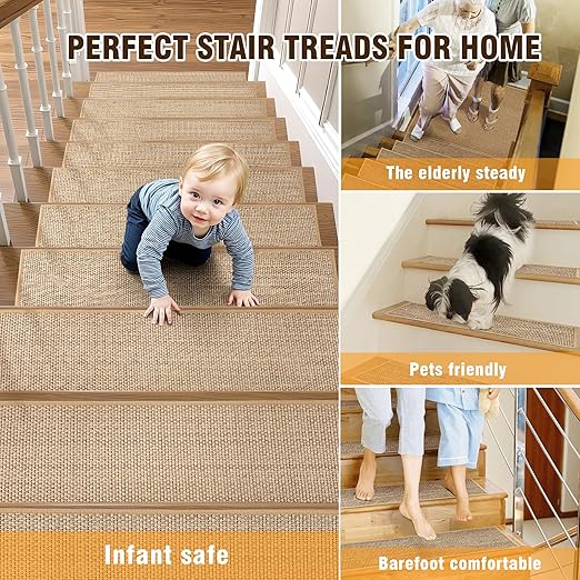 Chenille Stair Treads Non Slip 10pcs Comfortable Stair Runner for Wooden Steps Rubber Backing Stairs Carpet Treads Indoor Staircase Covers Mat with Rubber Backing for Pets Kids 8"X30" Beige