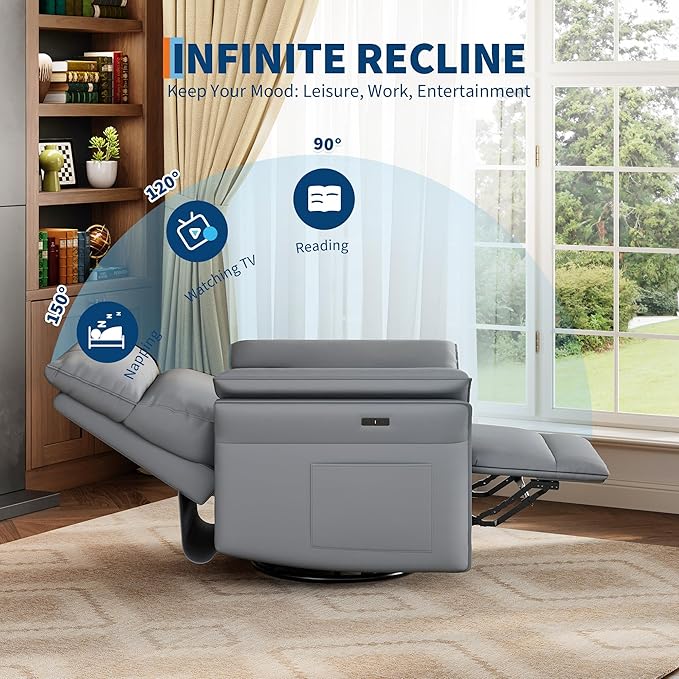 IDEALHOUSE Power Recliner Chair, 270° Swivel Rocking Glider with USB Charging Port, PU Leather Upholstered Fabric and Double-Layer Armrests, Nursery Chair for Living Room, Nursery (Power Grey)