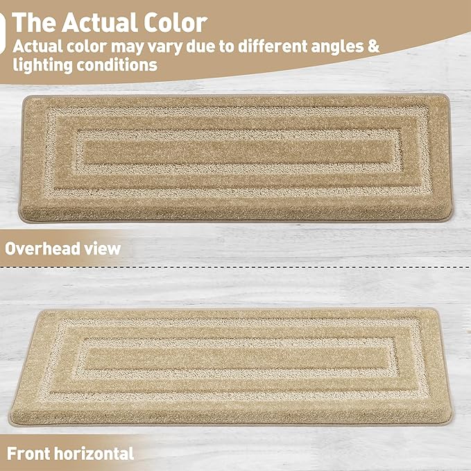 PURE ERA Bullnose Carpet Stair Treads Set Tape Free Non-Slip Indoor Stair Protectors Pet Friendly Rugs 9.5" x 30"(2 Pieces,Khaki Rectangular)