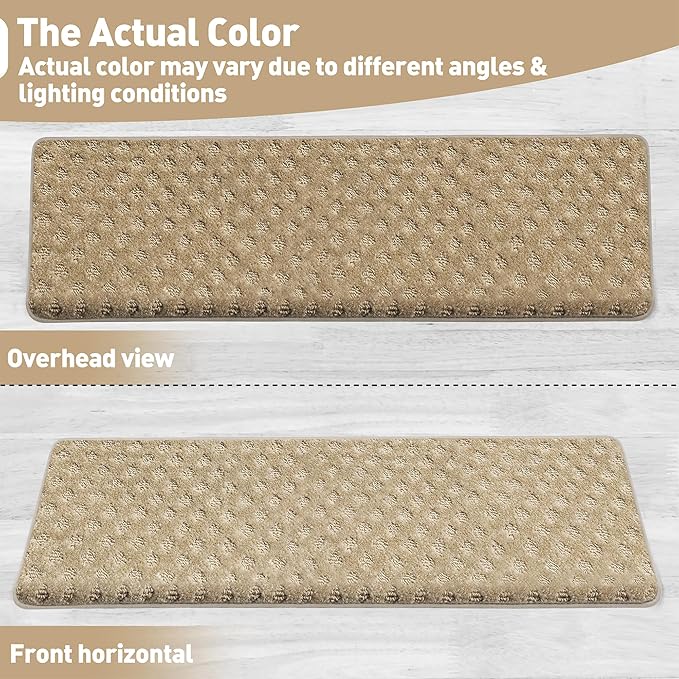 PURE ERA Bullnose Carpet Stair Treads Set Tape Free Non-Slip Indoor Stair Protectors Pet Friendly Rugs 9.5" x 30"(7 Pieces,Khaki Mini-Diamond Trellis)