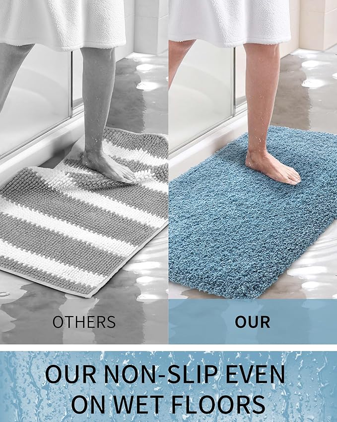 Bathroom Rugs 32x20, Ultra Thick Shaggy Soft Microfiber Absorbent Bath Rug, High Density Foam Latex Non Slip Backing, Machine Washable Bath Mats for Bathroom Floor & Sink, Blue