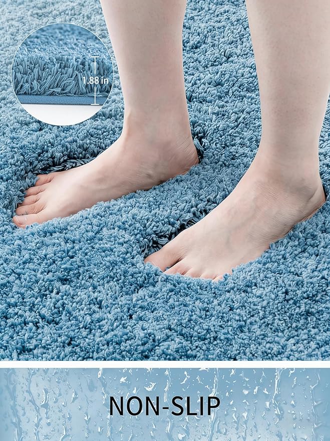 Bathroom Rugs 36x24, Ultra Thick Shaggy Soft Microfiber Absorbent Bath Rug, High Density Foam Latex Non Slip Backing, Machine Washable Bath Mats for Bathroom Floor & Sink, Blue
