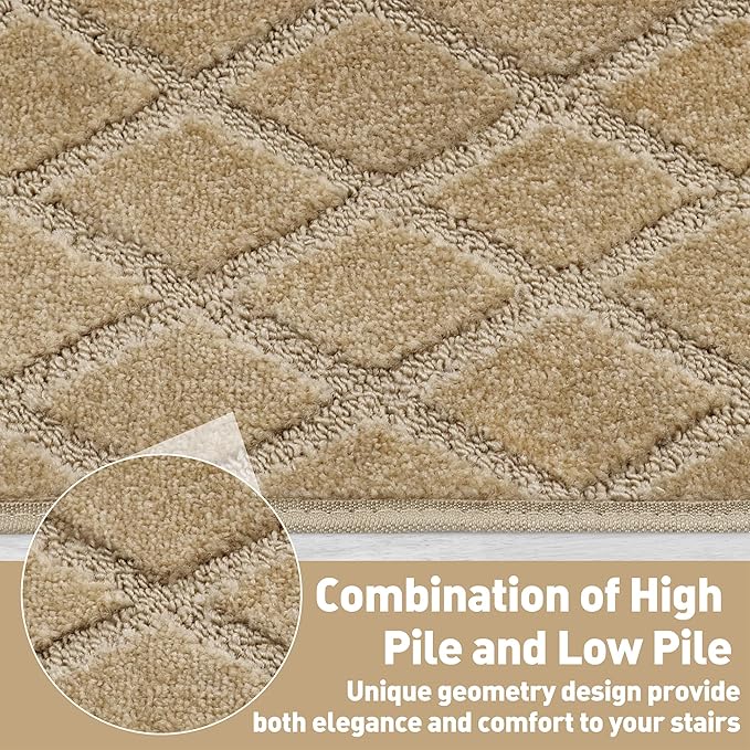 PURE ERA Bullnose Carpet Stair Treads Set Tape Free Non-Slip Indoor Stair Protectors Pet Friendly Rugs 9.5" x 30"(2 Pieces,Khaki Diamond Trellis)
