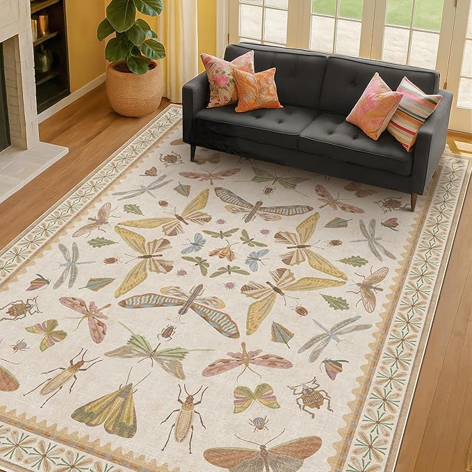 Washable Neutral Area Rug Living Room, 5x8 Washable Rugs for Bedroom Under Bed, Nursery Room, Boho Vintage Insect Butterfly Non-Slip Low Pile Stain Resistant - Beige/Yellow