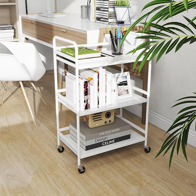 DCLRN 3 Tier Rolling Cart,Storage Organizer Cart,Multifunctional Storage Shelves,Rolling Metal Organization Cart with Handle and Lockable Wheels,for Home,Office,Kitchen,Bathroom(White)