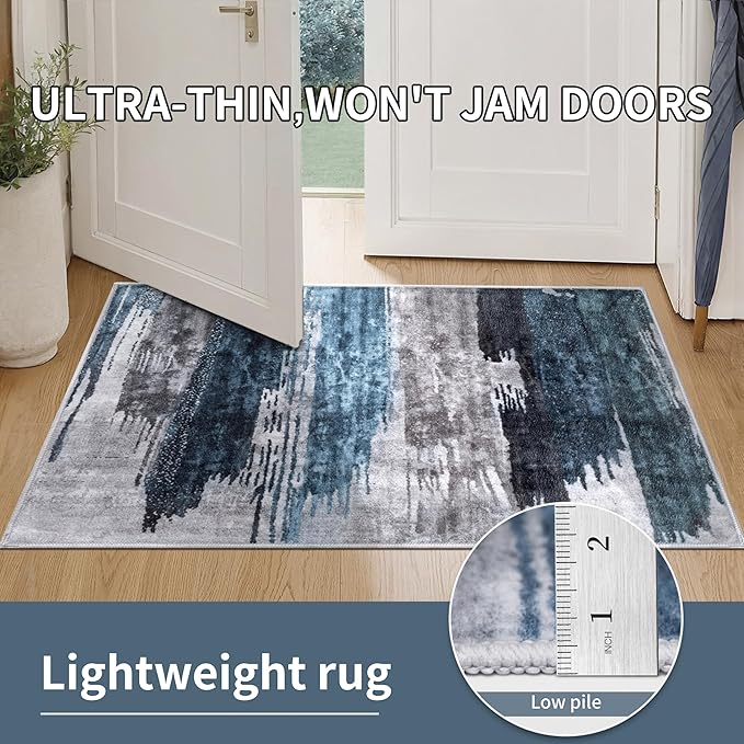 Ciicool 2'6''x14' Washable Runner Rug, Modern Abstract Hallway Rugs Runner, Non-Slip Thin Accent Rug Lightweight Navy Grey Print Distressed Carpet for Laundry Entryway Bedroom Kitchen Indoor