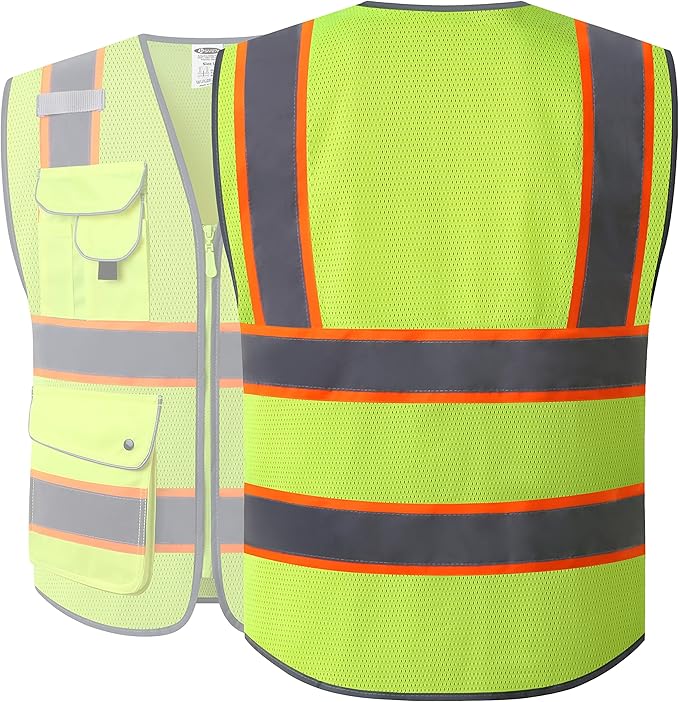JKSafety 9 Pockets Hi-Vis Neon Yellow Zipper Front MESH Safety Vest with Fluorescent Orange Extend Edge outlining the Reflective Tapes Meet ANSI/ISEA Class 2 Standard (100-Yellow, L)