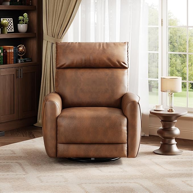 Power Recliner Chair, 270° Swivel Glider with USB Charging Port, Large PU Leather Seat, Wide 22.4", Ergonomic High Back for Living Room, Nursery (Power Walnut)