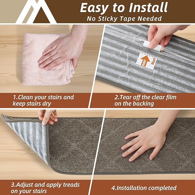 COSY HOMEER Stair Treads for Wooden Steps 9"x28" Washable Indoor Carpet Stair Treads Non Slip Soft Polyester Stair Carpet Tread Reusable Stair Runner Rugs for Kids, Elders,Pets,Light Brown,10pcs