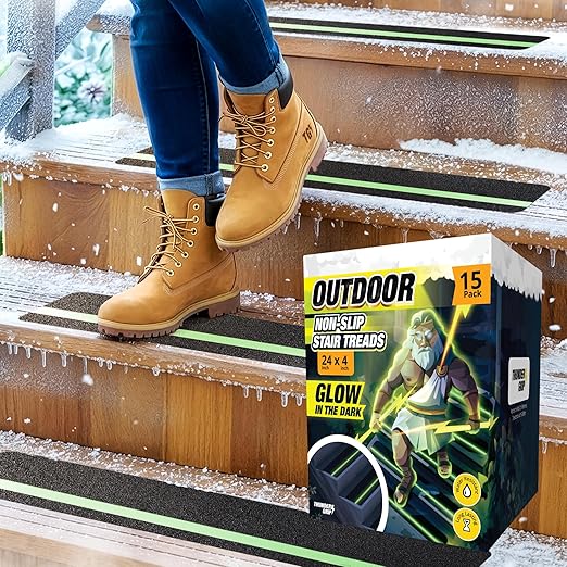 Grip Tape for Stairs 24" x 4" - 15-Pack Glow in the Dark Outdoor Stair Treads Non-Slip Weather Resistant - Anti Slip Tape for Exterior Wooden Steps - Waterproof 80-Grit Adhesive Treads by Thunder Grip