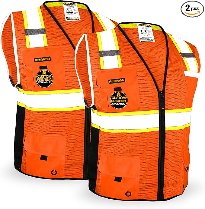 KwikSafety - Charlotte, NC - BIG KAHUNA Safety Vest [2 PACK] Class 2 ANSI OSHA Reflective Vest Durable High Visibility Vest Construction Safety Vest for Men Industrial Work Gear/Orange Medium
