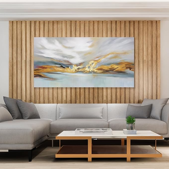 Glvzygy Modern Abstract Wall Art Wall Decorations Greyish White Gold and Blue Abstract Wall Art Canvas Abstract Wall Art for Living Room Bedroom Dining Room Home Office Decor 29"x58"