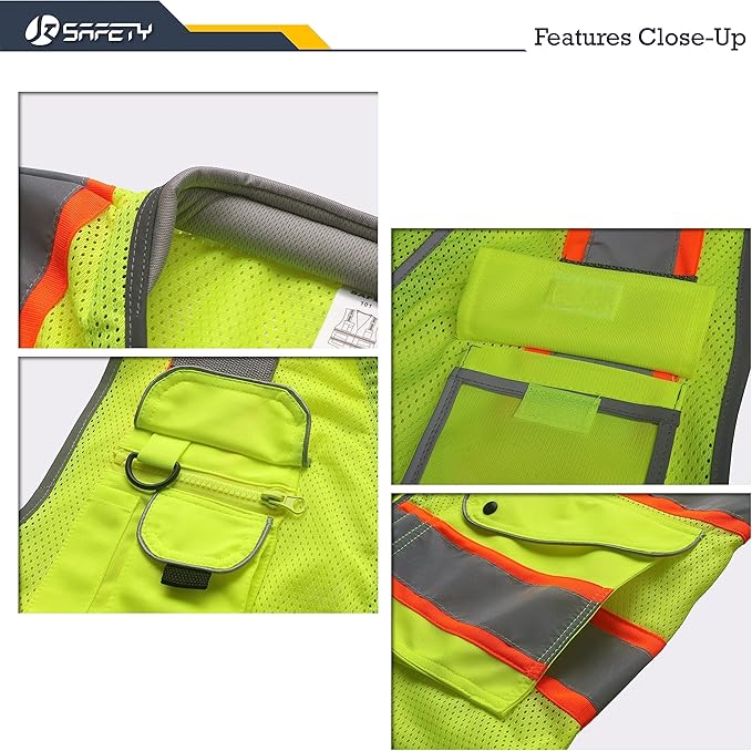 JKSafety 9 Pockets Hi-Vis Safety Vest Breathable Mesh Fabric Cushioned Collar Work Utility PPE Lightweight Industrial Work Gear ANSI/ISEA compliant (101-Yellow XXL)