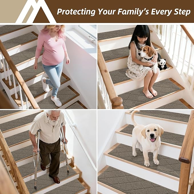 COSY HOMEER Stair Treads for Wooden Steps 9"x28" Washable Indoor Carpet Stair Treads Non Slip Soft Polyester Stair Carpet Tread Reusable Stair Runner Rugs for Kids, Elders,Pets,Light Brown,10pcs