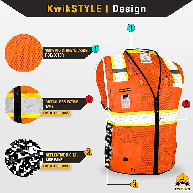 KwikSafety - BIG KAHUNA DIGITAL Safety Vest [LIMITED EDITION] Class 2 ANSI OSHA Reflective Vest Durable High Visibility Vest Construction Safety Vest for Men Industrial Work Gear/Orange Small