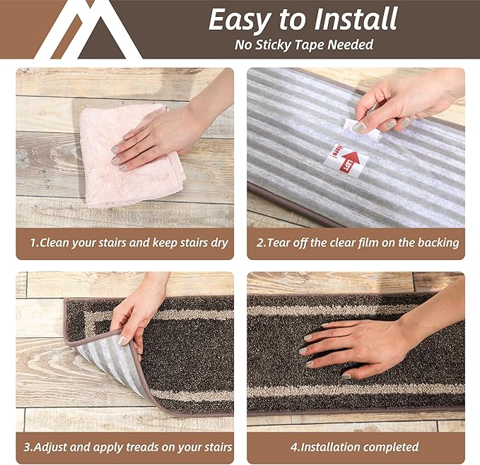 COSY HOMEER Soft Stair Treads Non-Slip Carpet Mat 28inX9in Indoor Stair Runners for Wooden Steps,Stair Rugs for Kids and Dogs, 100% Polyester TPE Backing 4pcs,Brown,Square