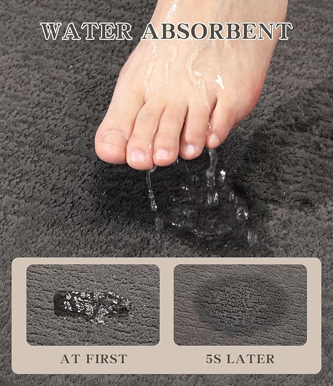 Chakme 2 Piece Bathroom Rug Sets, Ultra Thin Bath Mat Quick Dry, Absorbent Non Slip Machine Washable, Dark Grey, 17" x 24"