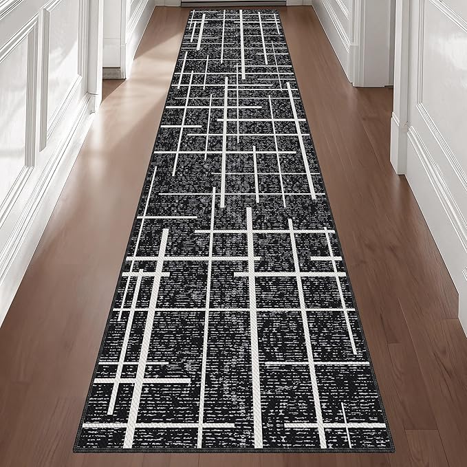 Modern Stripe Hallway Runner Rug Non Slip, Washable 2x10 Runner Rug, Woven Thin Low Pile Carpet Runners for Hallway 10ft Entryway, Kitchen, Walkway -Midnight Black