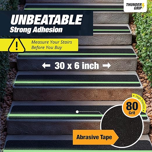 Grip Tape for Stairs 30" x 6" - 15-Pack Glow in the Dark Outdoor Stair Treads Non-Slip Weather Resistant - Anti Slip Tape for Exterior Wooden Steps - Waterproof 80-Grit Adhesive Treads by Thunder Grip