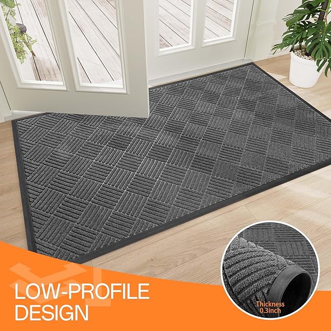 Indoor Outdoor Door Mat, 5’x 3' Doormat for Entryway, Rubber Backing Non Slip Front Door Mat Outside Entrance, Super Absorbent Commercial Floor Mat for Home Office, Gray