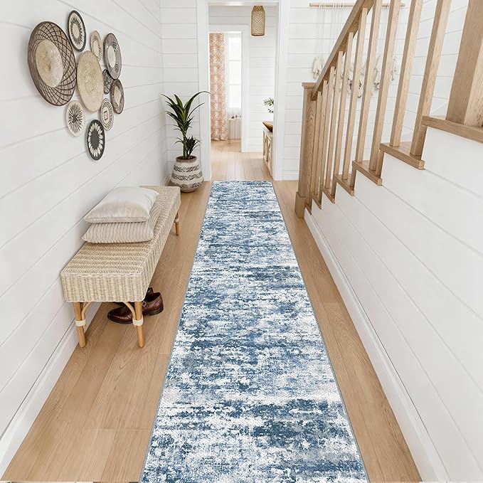 Kitchen Rugs Ultra Non-Slip 2.6x12 Washable Runner Rug Abstract Tear and Stain Resistance No Pile Lightweight Runners for Entryway, Hallway, Walkway, Bedside, Entrance, Blue