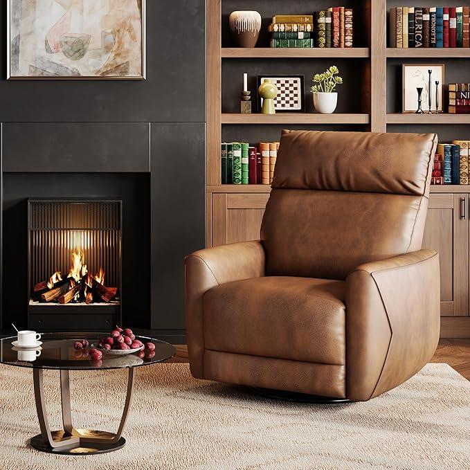 Power Recliner Chair, 270° Swivel Glider with USB Charging Port, Large PU Leather Seat, Wide 22.4", Ergonomic High Back for Living Room, Nursery (Power Walnut)