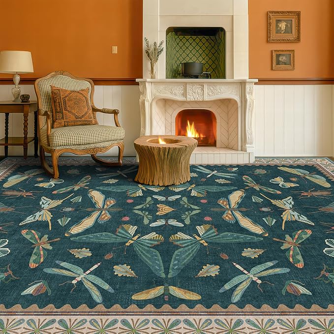 Oriental Blue and Green Area Rugs for Living Room 6x9 - Insect & Butterfly Dining Table Rug, Bedroom Boys, Washable Non Skid Rubber Backed, Vintage Funky Home Décor