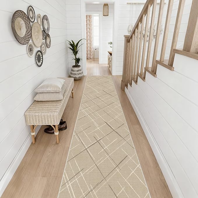 Kitchen Rugs Ultra Non-Slip 2.6x12 Washable Runner Rug Modern Tear and Stain Resistance No Pile Lightweight Runners for Entryway, Hallway, Walkway, Bedside, Entrance, Beige