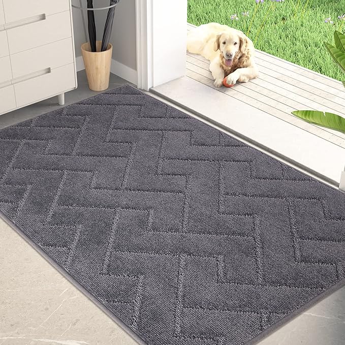 PURRUGS Dirt Trapping Door Mat 32" x 47", Non-Slip Machine Washable Entry Rug, Shoe Scraper, Dog Doormat, Super Absorbent Welcome Mat for Front & Back Door, Muddy Wet Shoes & Paws, Grey