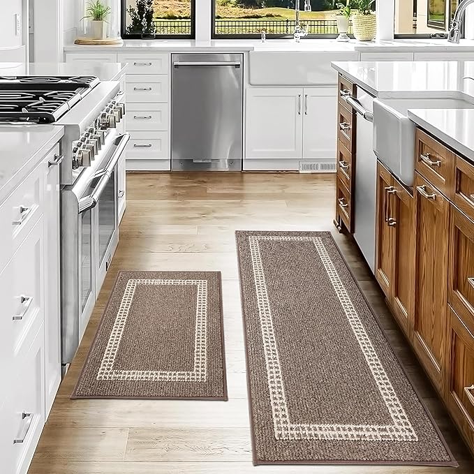 COSY HOMEER Kitchen Rugs Non-Slip 20x30/20x48 Inch Thick Polypropylene Standing Mat for Home Machine Washable, Brown