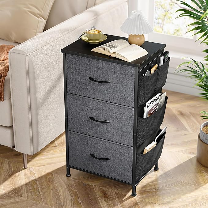 Night Stand Set 2, Night Stand with Drawers for Bedroom, Bedside Table with Wooden Top, Sturdy Steel Frame End Table, Dorm Nightstand for Bedroom, Entryway, Hallway, Closet, Cloth Bags, Hooks, Grey