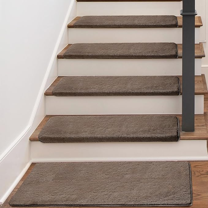 PURE ERA Carpet Stair Treads Ultra Plush 9.5" X 30"Soft Bullnose Indoor Stair Protectors Pet-Friendly Non-Slip Skid Resistant Tape Free Washable Reusable(7 Pieces,Brown)