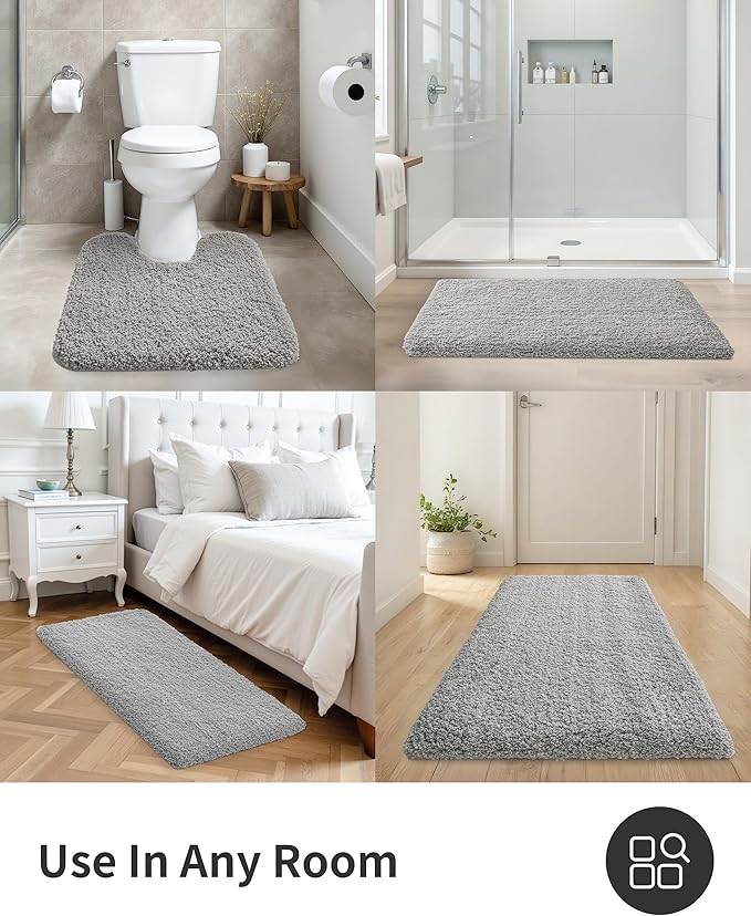 ILANGO Grey Toilet Rugs U Shaped 22" × 24" Non Slip & Super Absorbent Extra Thick Soft, Washable Bath Mats for Bathroom Floor, Microfiber Plush Shaggy Contour Bath Rugs for Toilet,Dry Quick