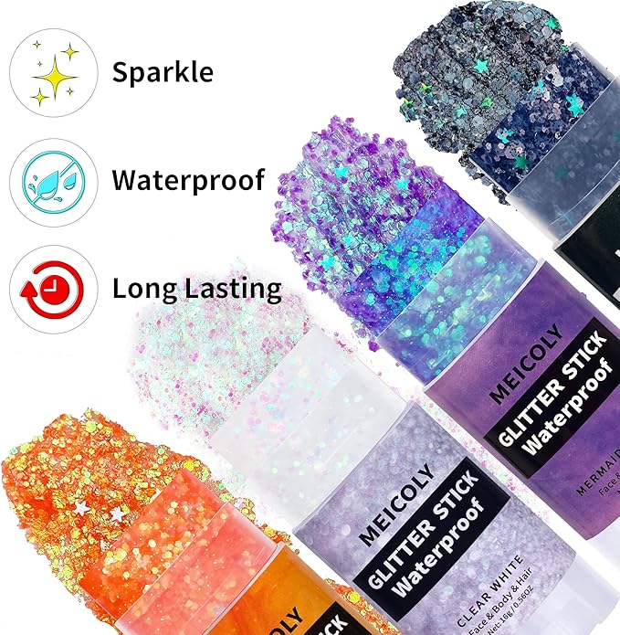MEICOLY Clear White Face Body Glitter Stick,Hair Glitter Stick for Women,Sparkle Chunky Glitter Makeup,Waterproof Face Glitter for Party Rave Festival