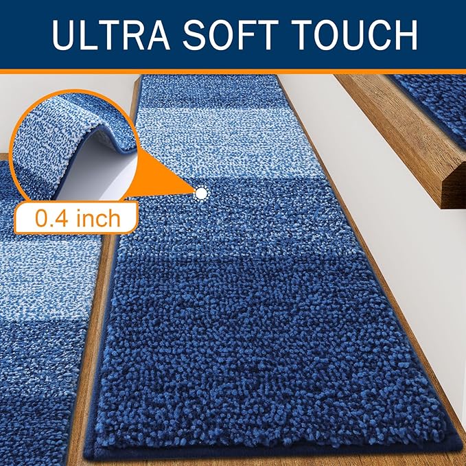 OLANLY Stair Treads Non Slip 15PCS, 8" x 30" Indoor Stair Runners for Wooden Steps, Edging Stair Rugs with Reusable Peel and Stick Adhesive for Kids Elders and Pets, Navy