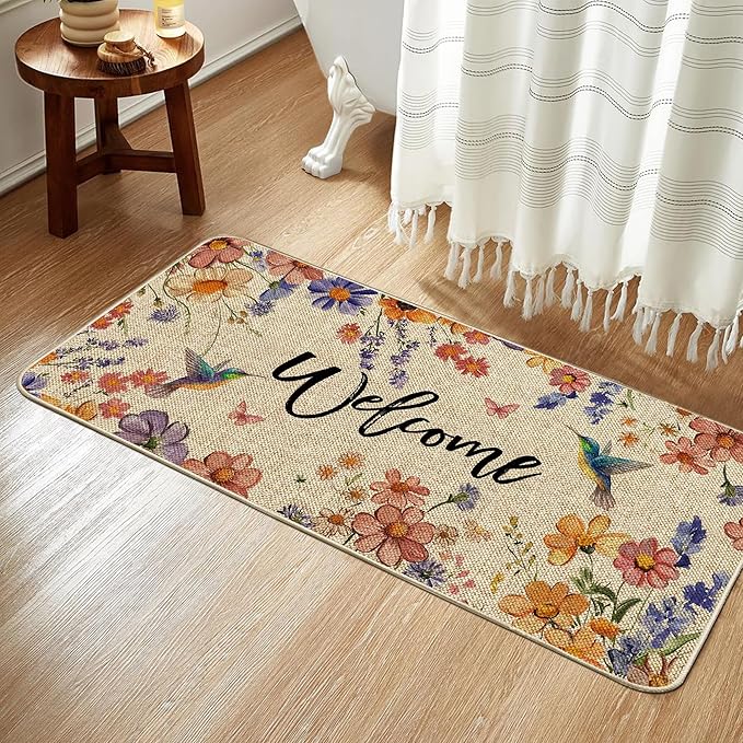 Wildflower Welcome Doormat 17"x36", Flower Spring Door Mat Indoor Entrance, Indoor Front Door mat, Non Slip Outdoor Entrance Mats, Low Profile Design Patio Porch Entryway Mats