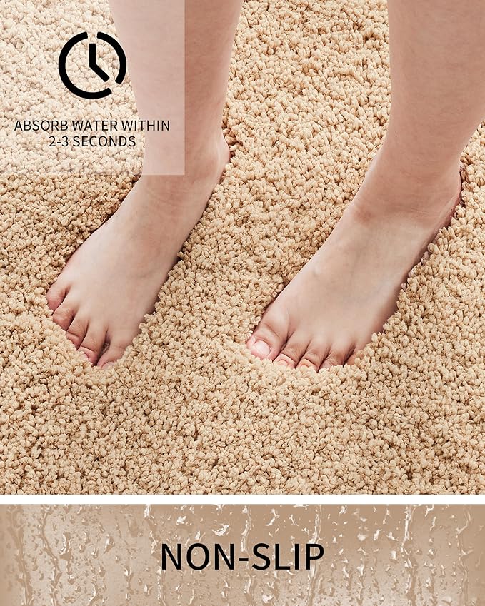 Bathroom Rugs 48x24, Ultra Thick Shaggy Soft Microfiber Absorbent Bath Rug, High Density Foam Latex Non Slip Backing, Machine Washable Bath Mats for Bathroom Floor & Sink, Beige