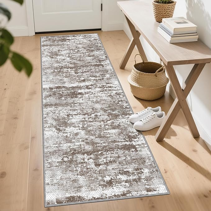 Abstract Washable Runner Rug 2x6, Brown Non-Slip Hallway Rug, Woven Non-Shedding Thin Runners for Entryway, Kitchen, Laundry Room