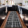 Modern Kitchen Runner Rug Non Slip 2.6x8, Washable Distressed Stripe, Hallway Runner, Woven Thin Low Pile Carpet Runners for Hallway 8ft Entryway, Kitchen, Walkway- Midnight Black