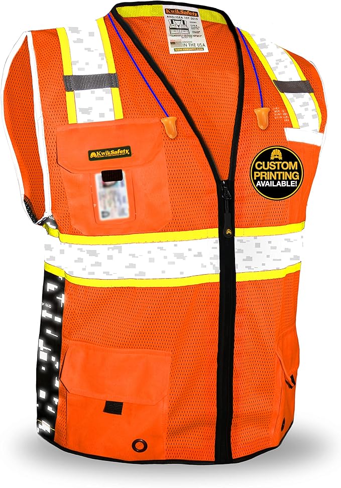 KwikSafety - BIG KAHUNA DIGITAL Safety Vest [LIMITED EDITION] Class 2 ANSI OSHA Reflective Vest Durable High Visibility Vest Construction Safety Vest for Men Industrial Work Gear/Orange 2XL