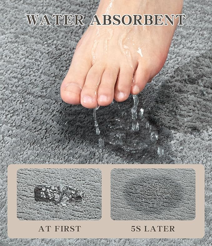 chakme Bathroom Rug Set 3 Piece, Ultra Thin Bath Mat Quick Dry, Absorbent, Non Slip, Machine Washable, Light Grey, 17" x 24" / 17" x 30" / 17" x 59"