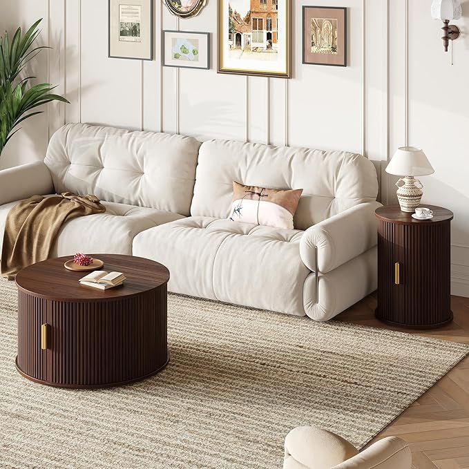 Merax Round Coffee Table Set with Storage, Fluted Center Tables with Sliding Cabinet Door for Living Room, Home, Office, Small Center Table,Walnut