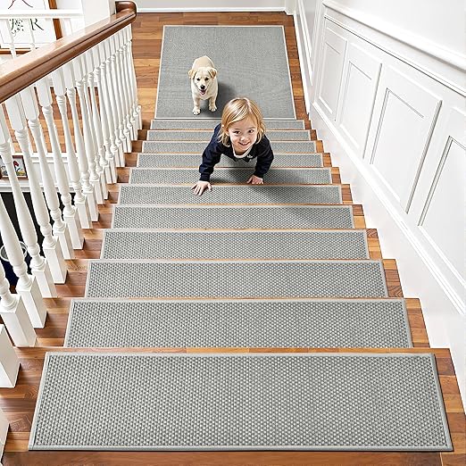 Chenille Stair Treads Non Slip 4pcs Absorbent Stair Runner for Wooden Steps Rubber Backing Stairs Carpet Treads Indoor Staircase Covers Mat with Rubber Backing for Pets Kids 8"X30" Grey