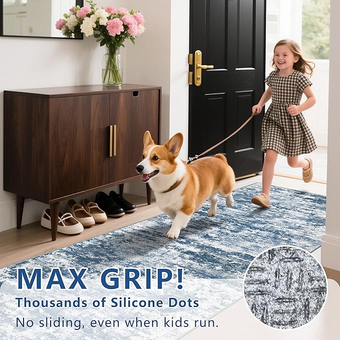 Kitchen Rugs Ultra Non-Slip 2.6x12 Washable Runner Rug Abstract Tear and Stain Resistance No Pile Lightweight Runners for Entryway, Hallway, Walkway, Bedside, Entrance, Blue
