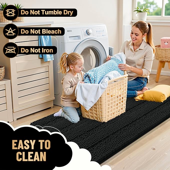 OLANLY Thick Toilet Rugs U-Shaped 24x20, Extra Soft Absorbent Chenille Striped Contour Bathroom Rugs for Toilet, Dry Quickly, Machine Washable, Non-Slip Bath Mat, Black