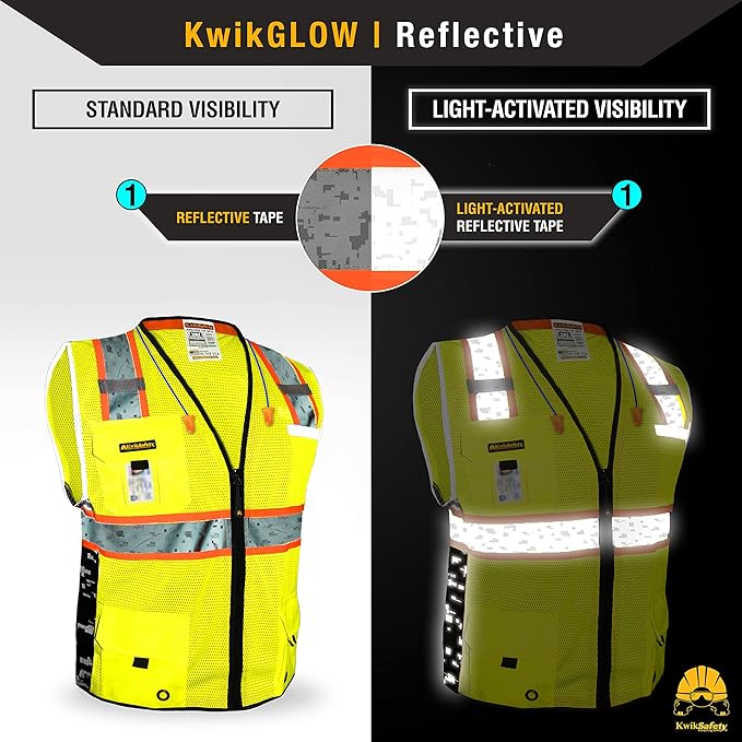 KwikSafety - BIG KAHUNA DIGITAL Safety Vest [LIMITED EDITION] Class 2 ANSI OSHA Reflective Vest Durable High Visibility Vest Construction Safety Vest for Men Industrial Work Gear/Yellow Small