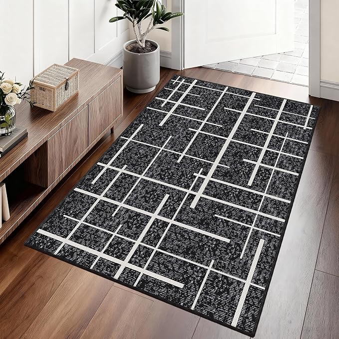 3x5 Washable Rug, Modern Distressed Stripe, Small Area Rug Non Slip, Woven Thin No Shed Office Chair Friendly Runners for Entryway, Kitchen, Home Office, Studio - Midnight Black